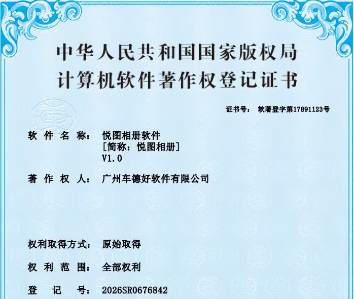 悦图相册软件著作权登记证书